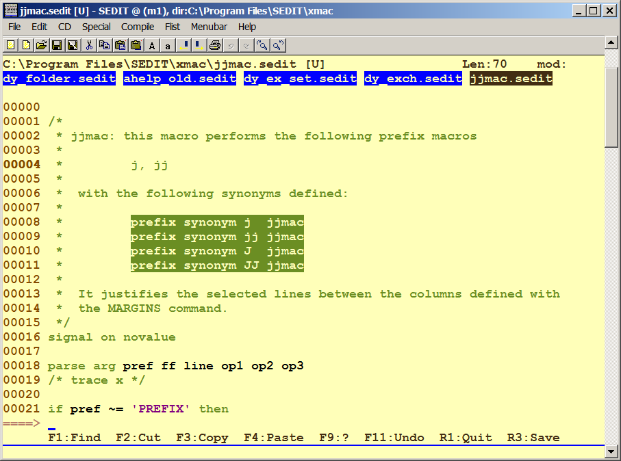 SEDIT editor window editing a REXX macro