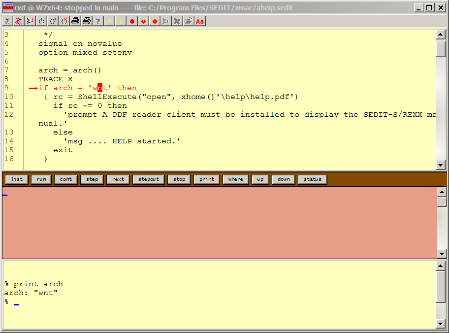 S/REXX graphical debugger stopped at a breakpoint
